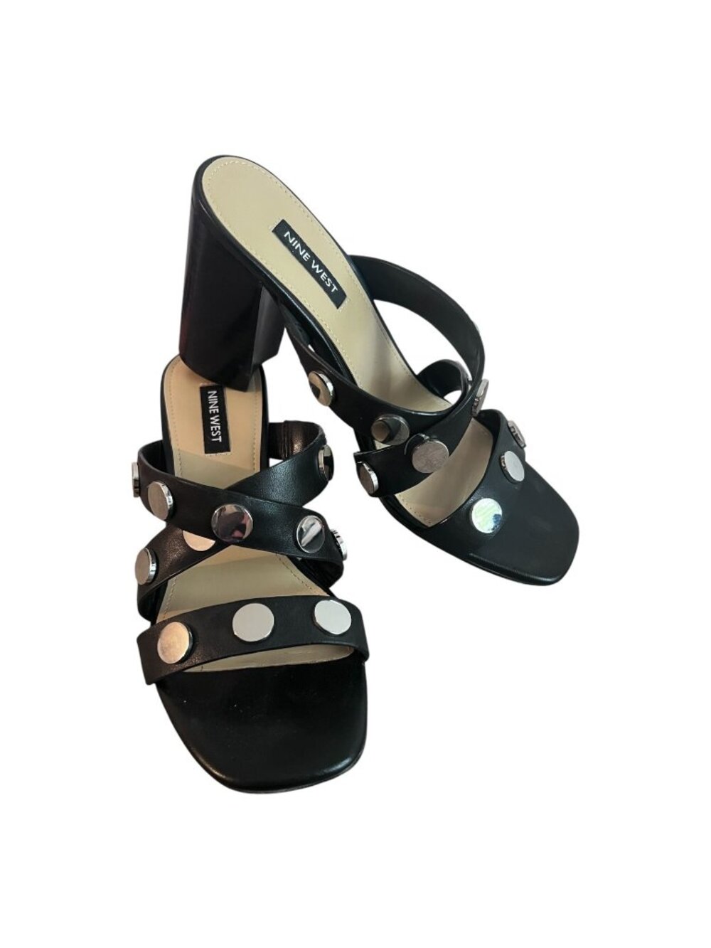 Nine West Black Studded Slide Sandals Block Heel Womens Size 7M